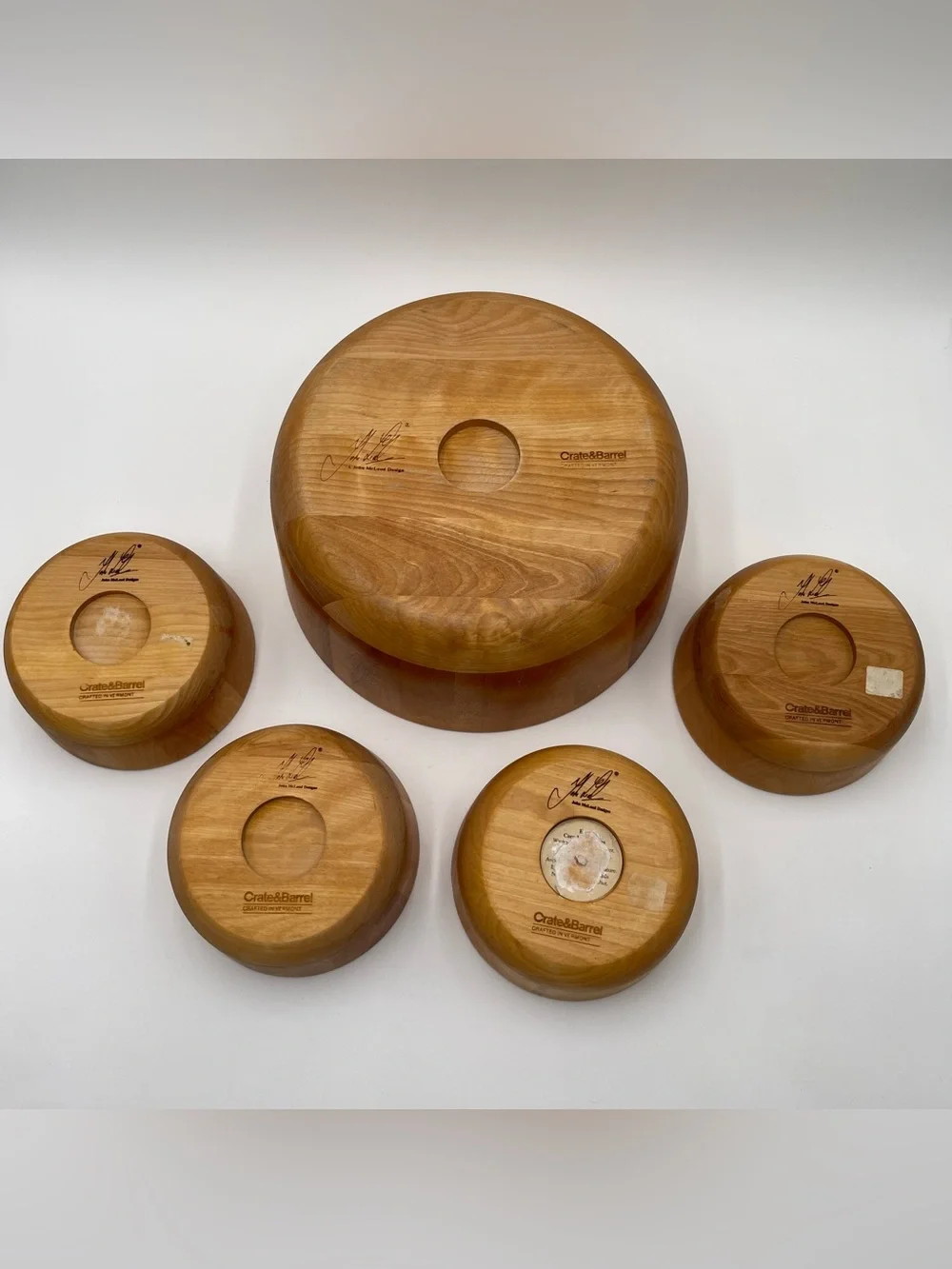 VTG Crate & Barrel Wood Birch Salad 5 pc Bowl Set John McLeod Vermont MCM Rustic